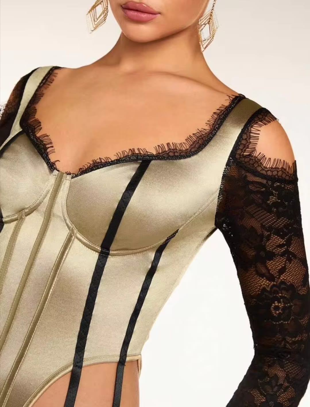 Women’s Beige & Black Lace Corset Bodysuit with Long Sheer Sleeves and Lace Trim